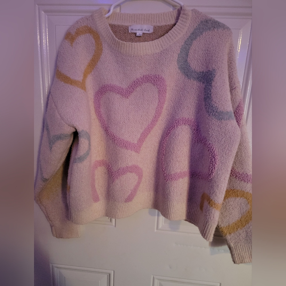 Cozy Heart Patterned Sweater - Cream, Pink, Blue, Gold